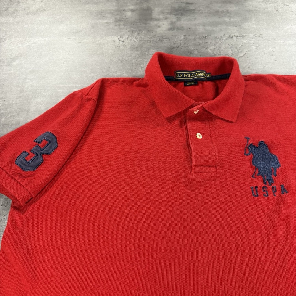 USPA Polo Shirt Men XL Boxy Crop Fit‎ Red Big Pony Patch Logo Rugby Prep Navy